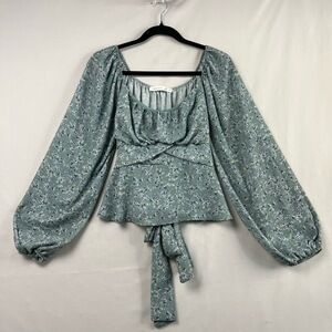 Altar'd State Cropped Top Womens XL Green Floral Blouse Square Neck Cottage Core